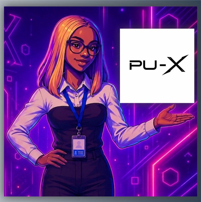 A stylish animated woman with glasses and a lanyard gestures toward a white panel displaying "PU-X," promoting a giveaway collaboration with ParallelUniX.
