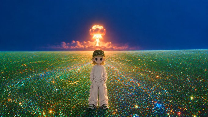 A small child in white clothing and a headband stands in a sparkling, glittery field with a large glowing mushroom cloud explosion in the background against a dark blue sky.