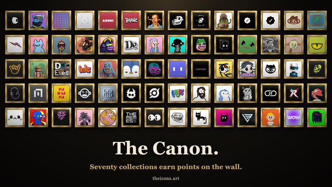 A black background displays a grid of 70 framed NFT icons in various colorful designs, with the white text "The Canon." and the tagline "Seventy collections earn points on the wall." below, along with the URL "theicons.art." The image visually represents the 70 featured NFT collections referenced in the post about earning points and securing community benefits.