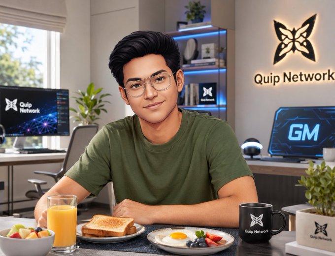 A stylized illustrated portrait of a young man with glasses sitting at a desk with breakfast items, surrounded by 'Quip Network' branding including a butterfly logo and 'GM' graphic.