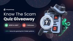 The image is a promotional graphic for a "Know The Scam Quiz Giveaway" by SimpleSwap, advertising a prize pool of $250 in USDT with 5 winners, featuring a checklist clipboard, magnifying glass, and money icons. It relates to the post announcing the giveaway's results, where 390 participants scored a perfect 5/5 and 5 random winners were selected to split the $250 USDT prize.