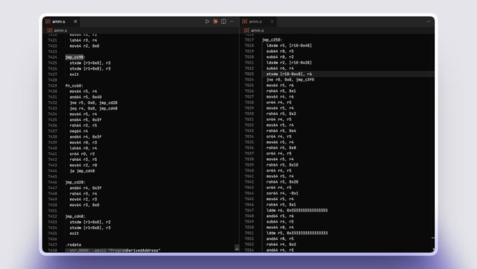 Two side-by-side panels of code editor screenshots display ARM assembly code with lines numbered in the 7600s, featuring instructions like `ldmia` and `stmia` with dark syntax highlighting.