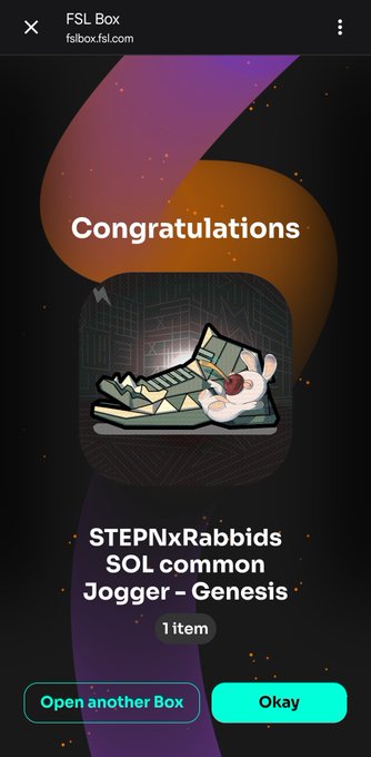 An FSL Box congratulations screen displays a STEPNxRabbids SOL common 'Jogger - Genesis' sneaker NFT, with options to 'Open another Box' or 'Okay'.