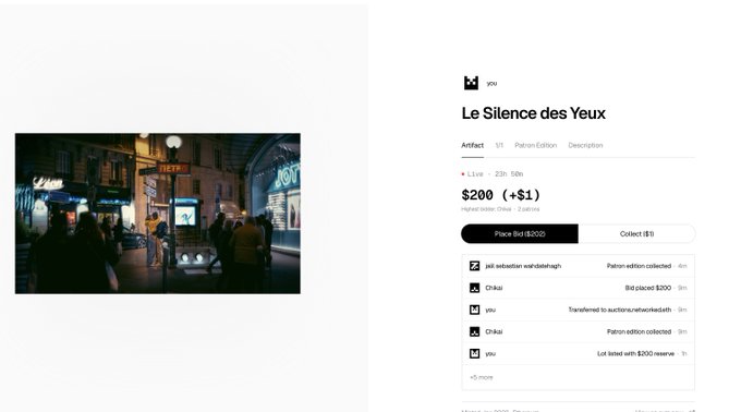 A screenshot of the networked.art auction page for "Le Silence des Yeux" by zou, showing a nighttime street scene of illuminated kiosks and pedestrians, currently live with a highest bid of $200 across 2 editions and featuring a Patron edition collected by @jalilwahdat. The interface displays the artwork alongside real-time bidding activity, reflecting the platform's clean UI mentioned in the post.
