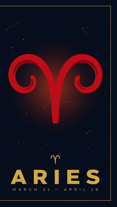 A graphic illustration of the Aries zodiac sign featuring a large red ram's horns symbol against a dark starry background, with text reading 'ARIES MARCH 21 – APRIL 19'.