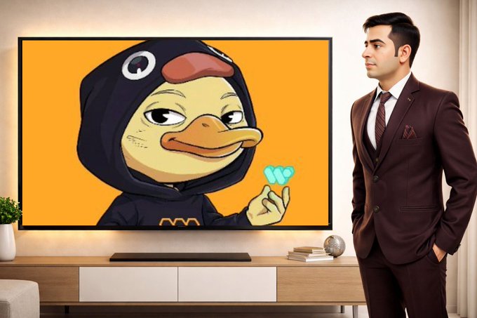 The image features a man wearing a suit standing next to a television screen displaying an animated cartoon character dressed as a penguin, holding a small object. The cartoon character appears to be wearing a hoodie with a "Q" on it. The man is also wearing a tie and has his hands in his pockets. 

The post includes the text "Good Evening gQuack Fear creates weak hands, conviction creates wealth Tomorrow's green candles belong to the patient ones @wallchain @Polymarket". This message seems to be related to the cartoon character on the television screen, as it is described as a "quack" or a "penguin", which could potentially be interpreted as a reference to the character's lack of confidence. The post also mentions that the character has been created by someone named @wallchain and is selling candles in the future.