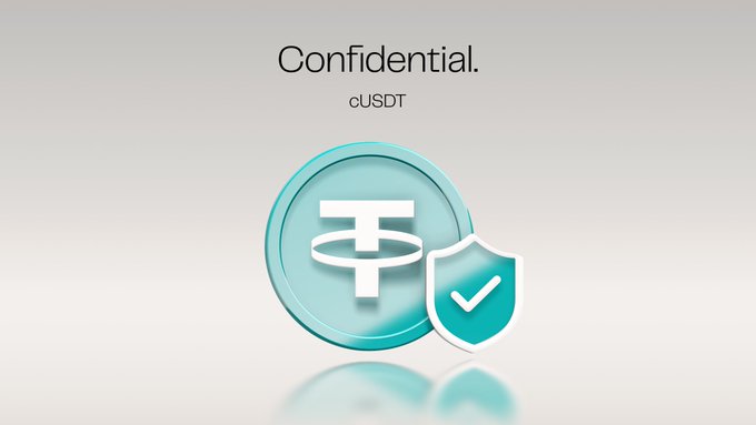 Promotional graphic for Tether's confidential cUSDT token, showing a teal coin with a 'T' logo and a security shield with a checkmark.