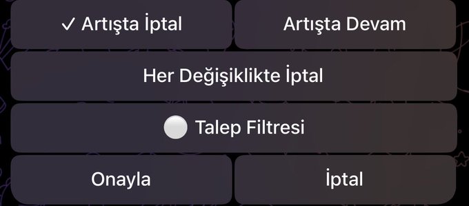 A Turkish-language settings menu displays options including "Artışta İptal" (Cancel on Increase, currently selected), "Artışta Devam" (Continue on Increase), "Her Değişiklikte İptal" (Cancel on Any Change), a "Talep Filtresi" (Demand Filter) toggle, along with "Onayla" (Confirm) and "İptal" (Cancel) buttons. The menu illustrates the bot configuration feature referenced in the post, where the user set up a rule to cancel a free mint when the collection creators changed the price from free to paid.