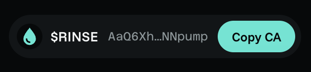 A dark badge displays the $RINSE token ticker alongside its contract address (AaQ6Xh...NNpump) next to a teal "Copy CA" button, visually presenting the contract address mentioned in the post "Our CA has been added" for easy copying.