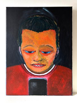 A painted canvas portrait of a child with downcast eyes holding a smartphone, rendered in warm orange and red tones against a black background, displayed alongside its digital NFT counterpart at the "Still Wet" exhibition at Galerie Met.