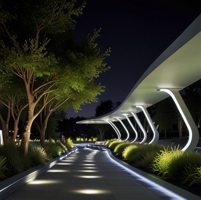 A modern architectural walkway at night with illuminated curved canopy structures, LED ground lights, and lush greenery alongside the path.