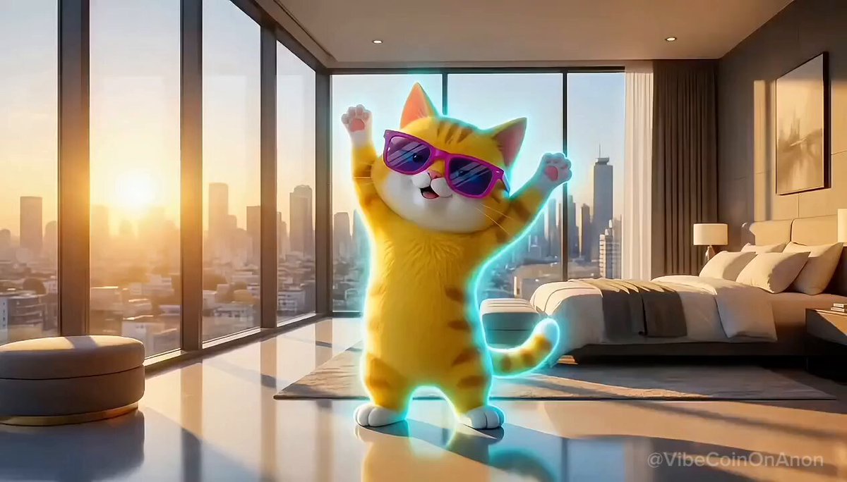 The image features a cartoon cat wearing sunglasses, standing on its hind legs with arms raised high above its head. The cat appears to be dancing or performing some sort of action. The background shows a bedroom setting with a bed and a window that allows sunlight to enter the room. There is also an image of a city skyline visible in the background.

The caption for this image reads: "GM Keep building. Keep vibing."