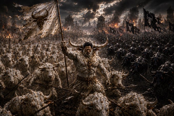 A horned, minotaur-like warlord leads a massive white army of bull-headed warriors into battle against a dark opposing force under a stormy sky. The image evokes the post's message of an impending revolution, with the monstrous horde symbolizing a fierce, unstoppable uprising—though no text or numbers appear within the image itself to identify the referenced ticker.