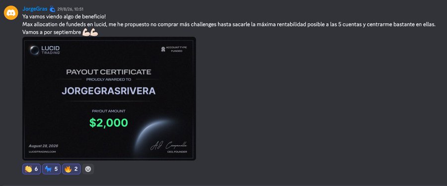 A Discord message from JorgeGras showing a "PAYOUT CERTIFICATE" from LUCID TRADING awarding $2,000 proudly to JORGEGRASRIVERA, dated August 28, 2026.