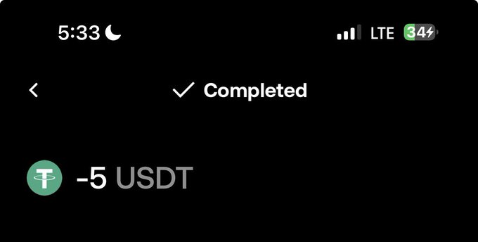 A completed transaction screen showing -5 USDT sent from a Tether wallet, likely representing a 5 USDT gift or transfer from a father to the recipient at address 0x62C9439279DcEB789ca147BbE1F6724c0460C806.