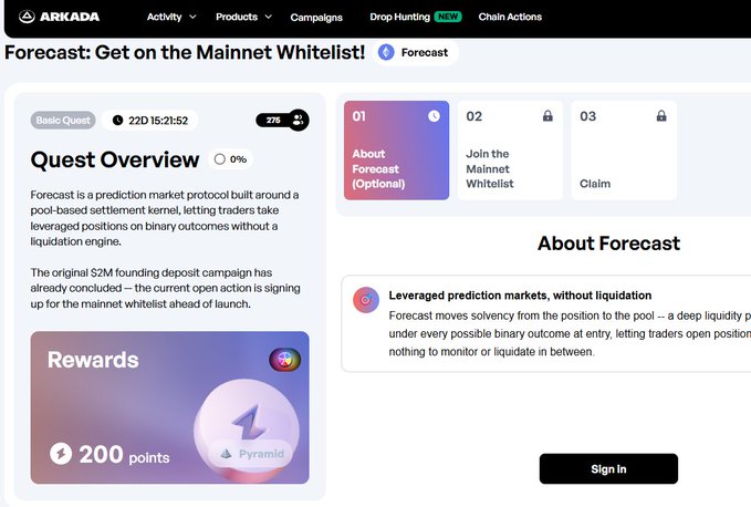 The image shows the Arkada platform's "Forecast: Get on the Mainnet Whitelist!" quest page, which offers a 200-point Pyramid reward for completing a three-step process: learning about Forecast, joining the Mainnet Whitelist, and claiming rewards, with 22 days remaining. This aligns with the post promoting the Arkada x Forecast Protocol collaboration for airdrop and early mainnet whitelist opportunities.