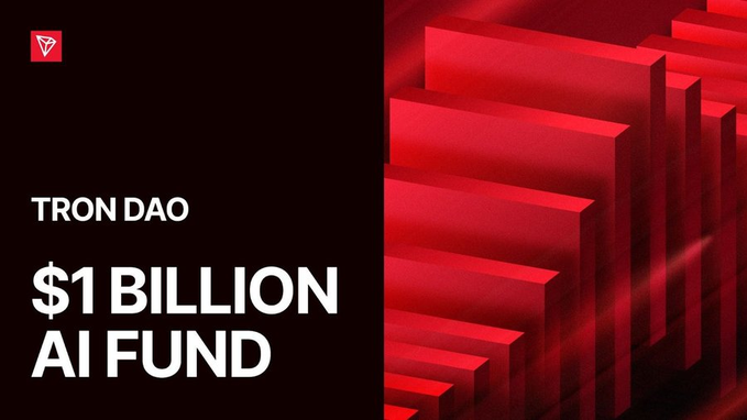 The image features a poster for an AI Fund that aims to raise $1 Billion for the development of Artificial Intelligence agents. The poster displays various red boxes arranged in a zigzag pattern, symbolizing the rapid growth of AI technology over time. In addition to the red boxes and lines, there is text on the poster stating that Tron Raises AI fund to invest in the future of Artificial Intelligence agents. This advertisement combines visual elements like bold red letters and striking shapes with informative content about the purpose and potential impact of the AI Fund.