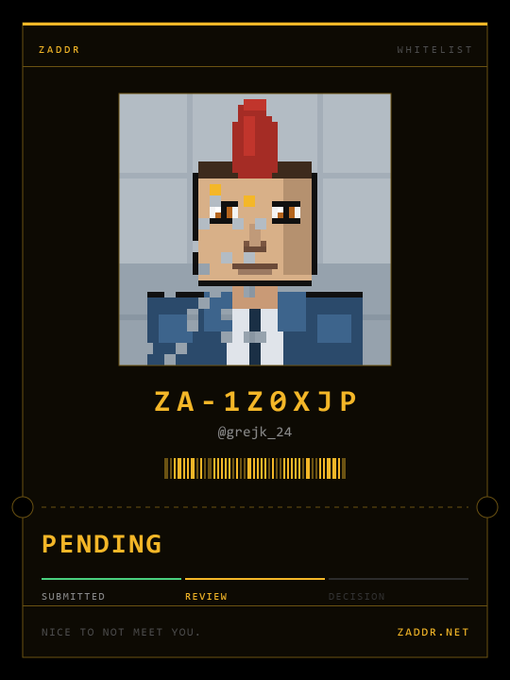 A digital ZADDR whitelisting card featuring a pixel-art character with a red mohawk, ID ZA-1Z0XJP, with a PENDING status under the user @grejk_24.
