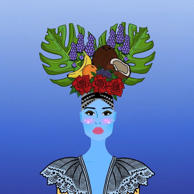 A digital illustration of a blue-skinned Frida Kahlo-style woman wearing an elaborate headdress made of tropical leaves, fruits, and flowers, against a blue gradient background.