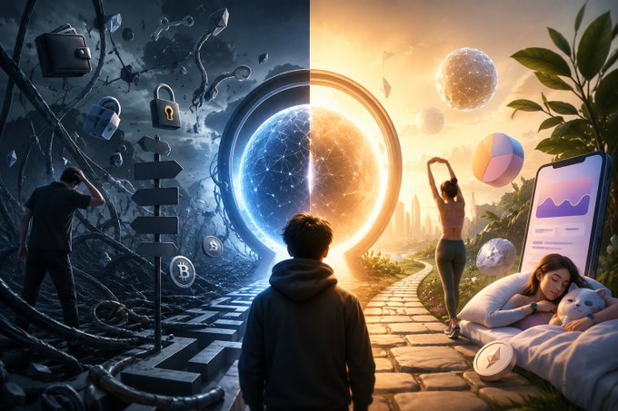A split-illustration showing a hooded figure facing a portal between a dark world with chains, locks, and Bitcoin symbols on the left, and a bright world with a woman stretching, a beach ball, and a smiling girl on a phone pillow on the right.