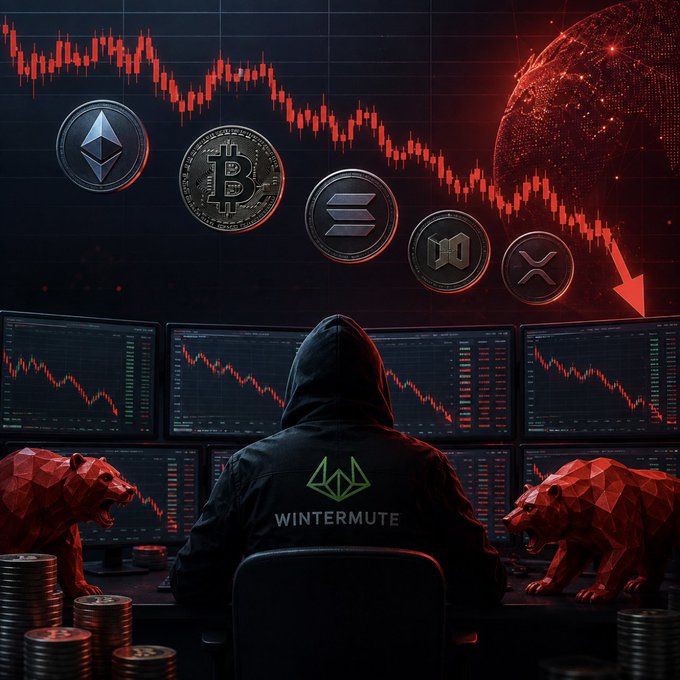 A dramatic crypto market scene depicts a hooded figure labeled 'WINTERMUTE' watching falling charts, surrounded by bearish red panther sculptures and falling coin icons including Bitcoin and Ethereum.