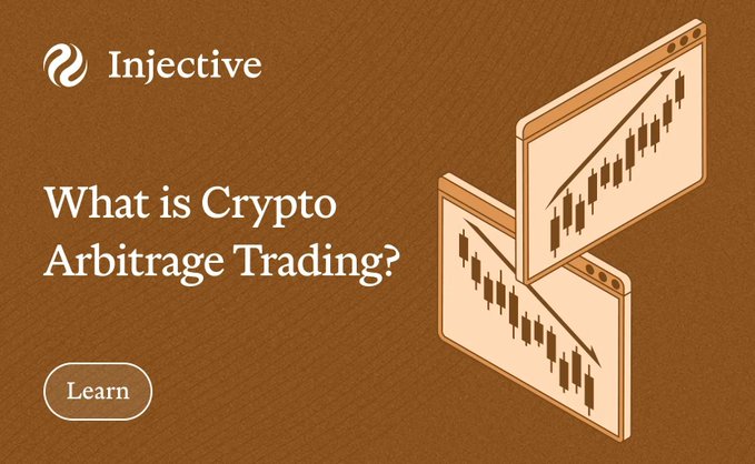 An Injective promotional graphic titled 'What is Crypto Arbitrage Trading?' with a 'Learn' button, featuring an illustration of candlestick charts on browser windows.