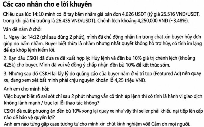 A Vietnamese text post titled 'Các cao nhân cho e lời khuyên' describes a USDT trading dispute, mentioning amounts like 4,626 USDT, 25,516 VND/USDT, and a 4,250,000 VND difference.