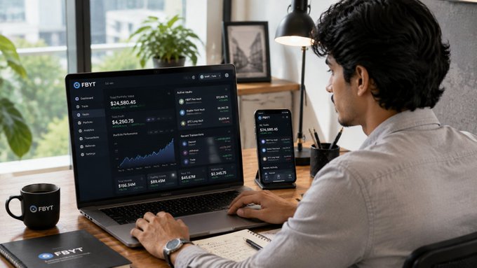 A man works at a laptop displaying the FBYT DeFi dashboard with portfolio values of $24,580.45 and $4,250.75, alongside a matching mobile app showing $24,580.45. The image visually reinforces the post's message by showcasing FBYT's connected, multi-platform ecosystem designed to give users a seamless experience managing their digital assets.