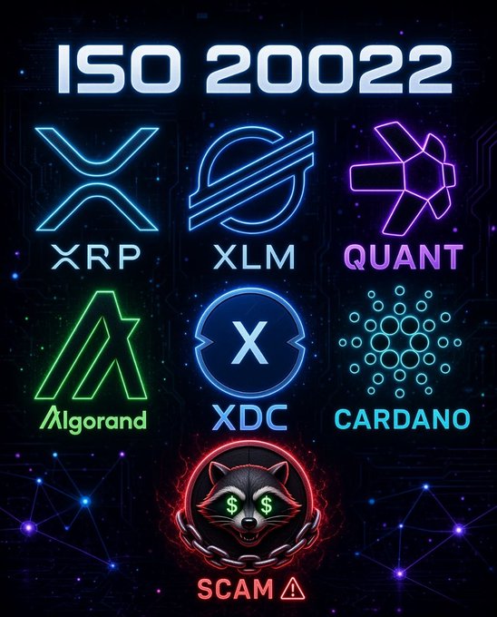 The image displays a neon-lit "ISO 20022" graphic featuring cryptocurrency logos for XRP, XLM, Quant, Algorand, XDC, and Cardano, contrasted with a red "SCAM" warning depicting a raccoon wearing a money-sign mask—visually reinforcing the post's claim that ISO 20022-compliant cryptocurrencies are a scam.