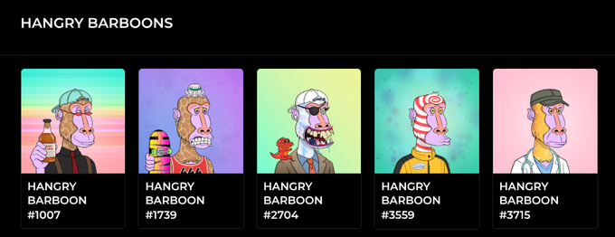 Five "HANGRY BARBOON" NFT profile pictures (#1007, #1739, #2704, #3559, and #3715), each featuring a uniquely styled cartoon ape character, are displayed as new acquisitions likely purchased to be viewed in the poster's HashPack wallet.