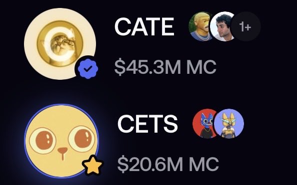 A screenshot showing two meme coin listings: 'CATE' with a $45.3M market cap and 'CETS' with a $20.6M market cap, displayed with cartoon-style profile icons.