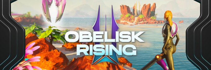 Promotional banner for the game 'OBELISK RISING' featuring a futuristic female warrior character and a vibrant sci-fi landscape with floating islands and metallic structures.