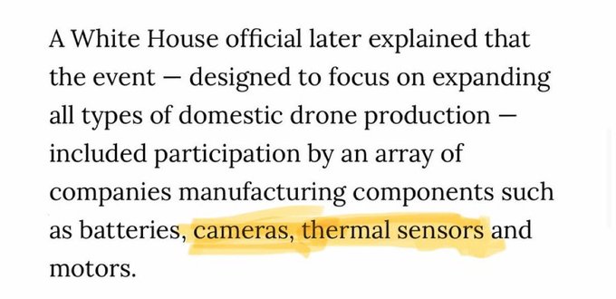 The image shows a passage of text from an article about a White House event focused on expanding domestic drone production, with the phrase "cameras, thermal sensors" highlighted in yellow. The highlighted text connects to the post about $LPTH (LightPath Technologies), suggesting the post implies that LightPath Technologies, which manufactures thermal sensors and infrared cameras, is among the companies participating in this drone production initiative.