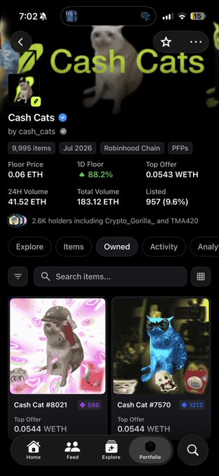 Screenshot of the "Cash Cats" NFT collection page on OpenSea, showing a floor price of 0.06 ETH (up 88.2%) with 9,995 items and a 24H volume of 41.52 ETH, alongside featured Cash Cat #8021 and Cash Cat #7570 listings at 0.0544 ETH. The "0.1 wen" caption likely speculates when the floor price will reach 0.1 ETH, given the recent sharp 88.2% upward movement shown.