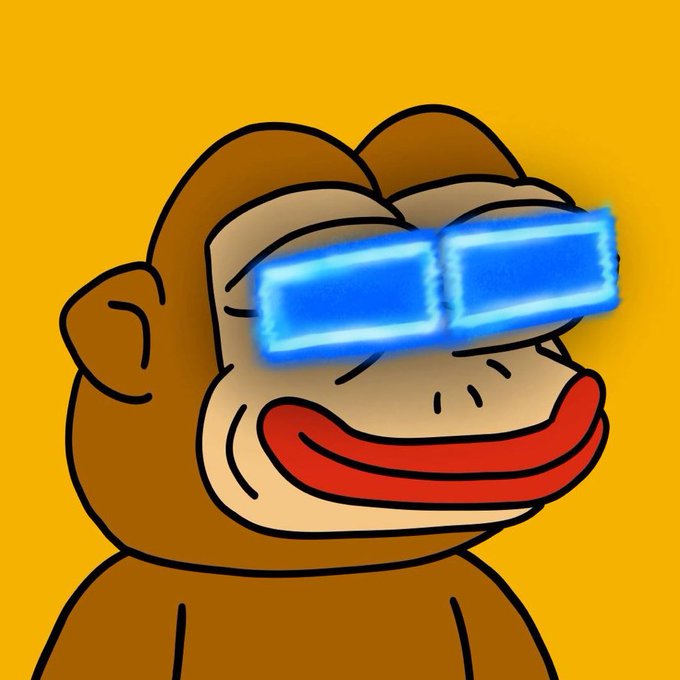 A cartoon monkey with a wide red-lipped smile wearing glowing blue neon rectangular sunglasses against a yellow background.