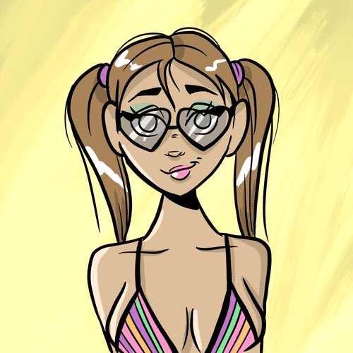 Cartoon illustration of a girl with brown pigtails, heart-shaped sunglasses, and a colorful striped top against a yellow background.