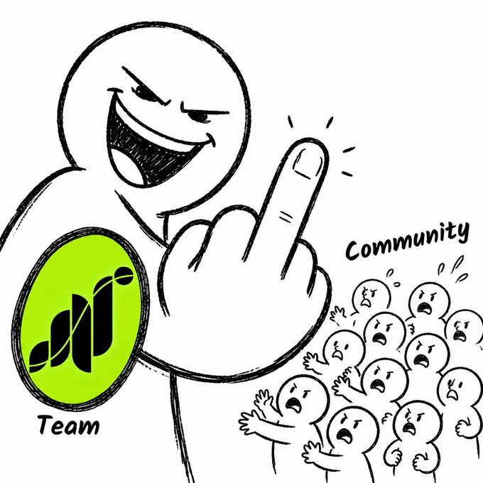 A smirking white figure gives the middle finger behind its back at a distressed "Community" crowd, while labeling itself "Team" with a dollar sign. The image critiques the stark disparity highlighted in the post, suggesting that the project's "Team" is disrespectfully profiting while the "Community" of 6.7 million users suffers from receiving only ~$3 million compared to Season 1's $50 million distribution.