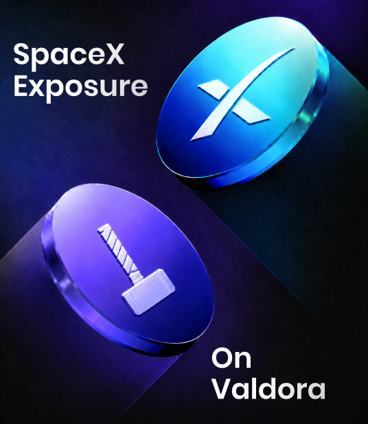 The image features two blue circles with a white X on top of each one, positioned side by side against a black background. The text "SpaceX Exposure" is written above the circles, while "On Valdora" is written below them.