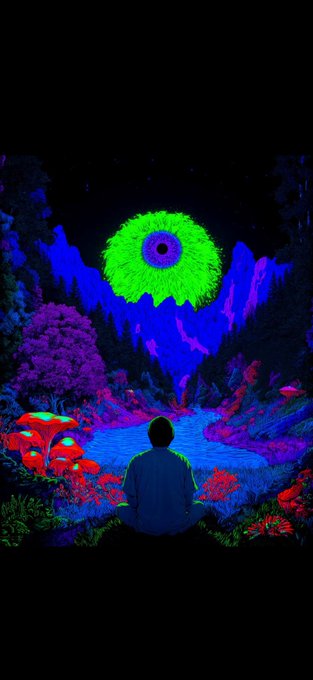 The image features a man sitting in front of a green glowing eye, which appears to be emitting light from an unseen source. The background depicts a forest with trees and mountains, creating a surreal and captivating scene. The caption above the image reads "HAPPPY FRIDAY MY FAM HOPE EVERYONE HAS A PROFITABLE FRIDAY ALWAYS WITH THE $ITIA VIBES". This phrase suggests that the man sitting in front of the glowing eye is likely an artist or creator, possibly working on a project related to the $itia vibes.