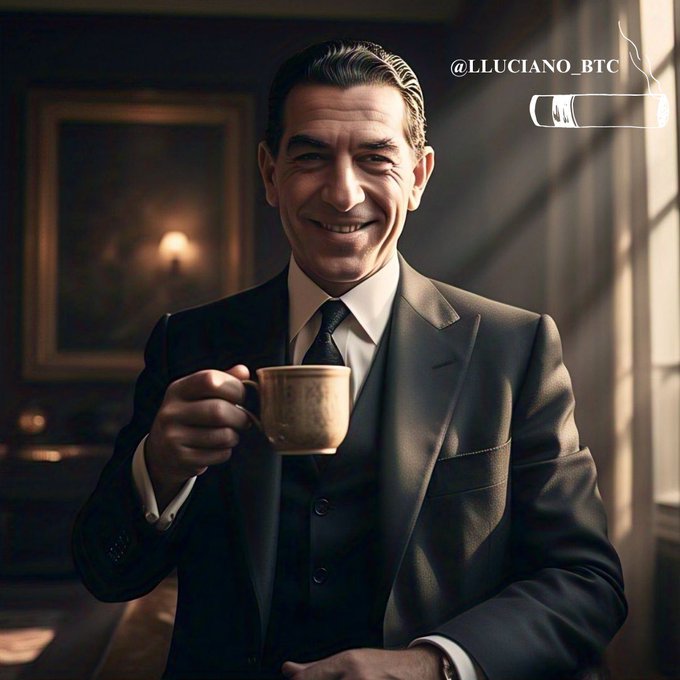 A stylishly dressed man in a dark suit smiles warmly while holding a coffee cup in a dimly lit, elegant setting, with the text "@LLUCIANO_BTC" displayed alongside a small cigar graphic in the top right corner, giving a sophisticated weekend morning vibe to the "Gm" greeting.
