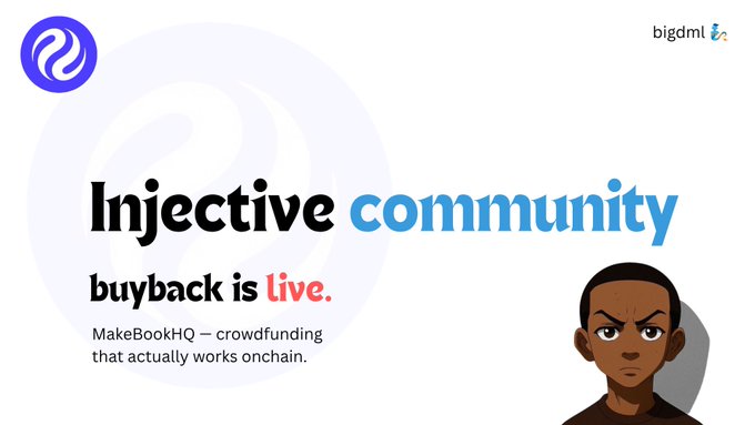A promotional banner stating 'Injective community buyback is live' with a subtitle 'MakeBookHQ – crowdfunding that actually works onchain,' featuring a cartoon character and the bigdml logo.
