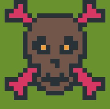 A pixel art design of a brown skull and crossbones with pink bones on a green background.