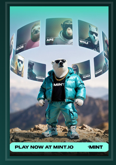 An advertisement featuring a polar bear in sunglasses and a blue puffer jacket standing on a mountain peak, with cards of various characters (Ape, Wolf, Shadow, Alpha, etc.) floating behind it and the text "PLAY NOW AT MINT.IO".