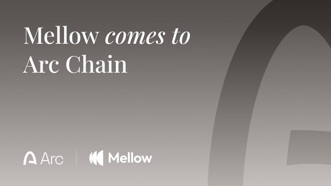 A minimalist gray gradient slide announcing 'Mellow comes to Arc Chain' with the Arc and Mellow logos at the bottom.