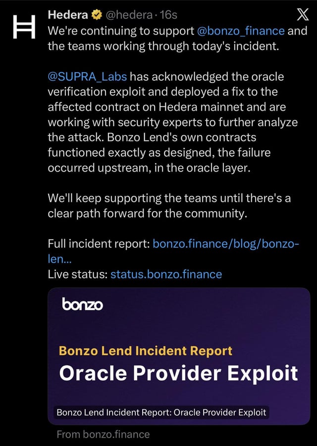 A screenshot of a post on X by @hedera discussing their continued support for @bonzo_finance following an Oracle Provider Exploit incident, linking to a full report on bonzo.finance.