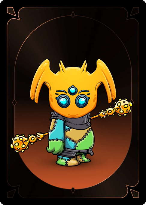 A stylized cartoon character resembling a yellow insect or alien with blue glowing eyes, a third eye on its forehead, and stitched-together patchwork clothing, holding golden spherical mace-like objects against a dark brown gradient background.