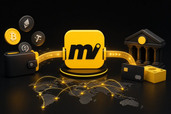 A 3D digital illustration featuring the letters 'mv' on a yellow square, surrounded by cryptocurrency coins, a wallet, credit cards, gold bars, and a bank building on a world map background.