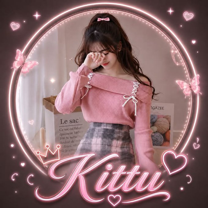An edited photo of a young woman in a pink off-shoulder sweater and plaid skirt, framed by a pink glowing circle with butterflies, hearts, and the stylized text 'Kittu' at the bottom.