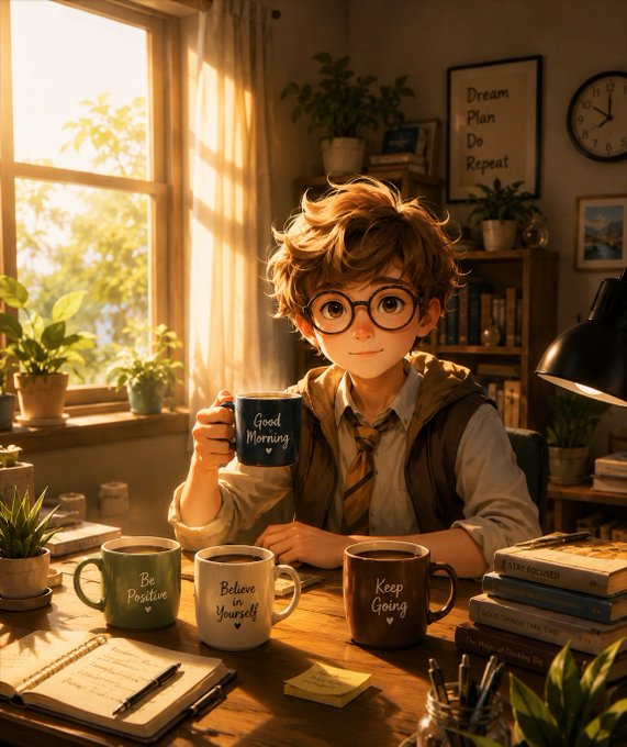 An anime-style illustration of a young boy with round glasses holding a 'Good Morning' mug, surrounded by motivational mugs reading 'Be Positive', 'Believe in Yourself', and 'Keep Going' in a sunlit study.