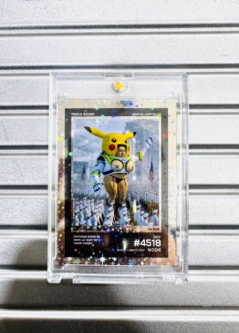 A Beeple Everydays collectible trading card featuring Pikachu in an astronaut suit, numbered #4518, displayed in a protective acrylic case. The holographic card fits the "Beeple Everydays Card" theme, showing a stylized space-themed character scene typical of Beeple's digital art series.